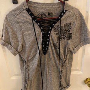 Affliction lace up womens t-shirt - gray - medium